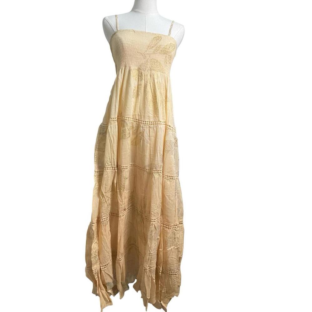 Rhea Yellow Foil Print Maxi Dress One Size Ombre Smocked Boho Tiered NWT - Picture 2 of 7